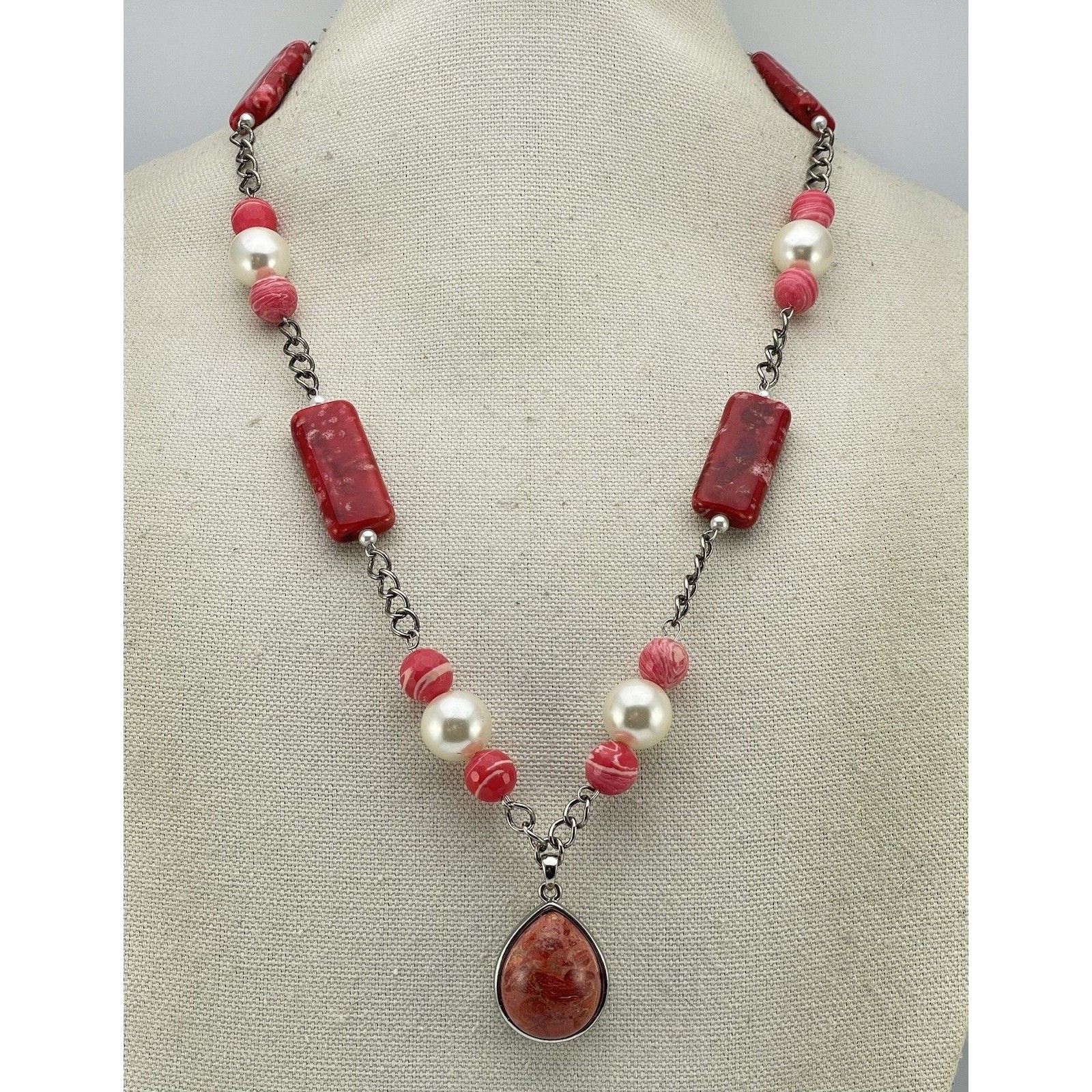 Stunning Red Agate Faux Pearl Ceramic Beaded Red Coral Pendant Necklace Boho